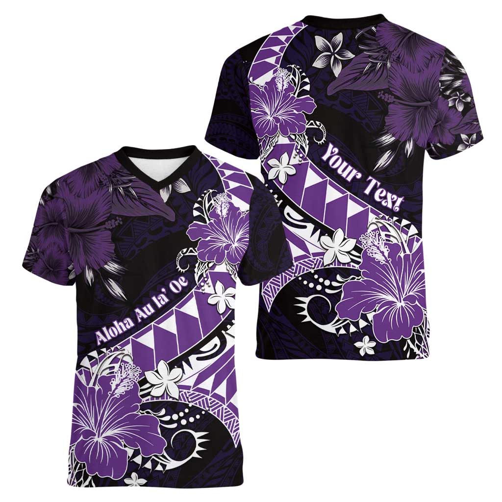 Personalised Hawaii Valentine Day Women V-Neck T-Shirt Polynesian Hibiscus Art Style Purple LT05 - Polynesian Pride