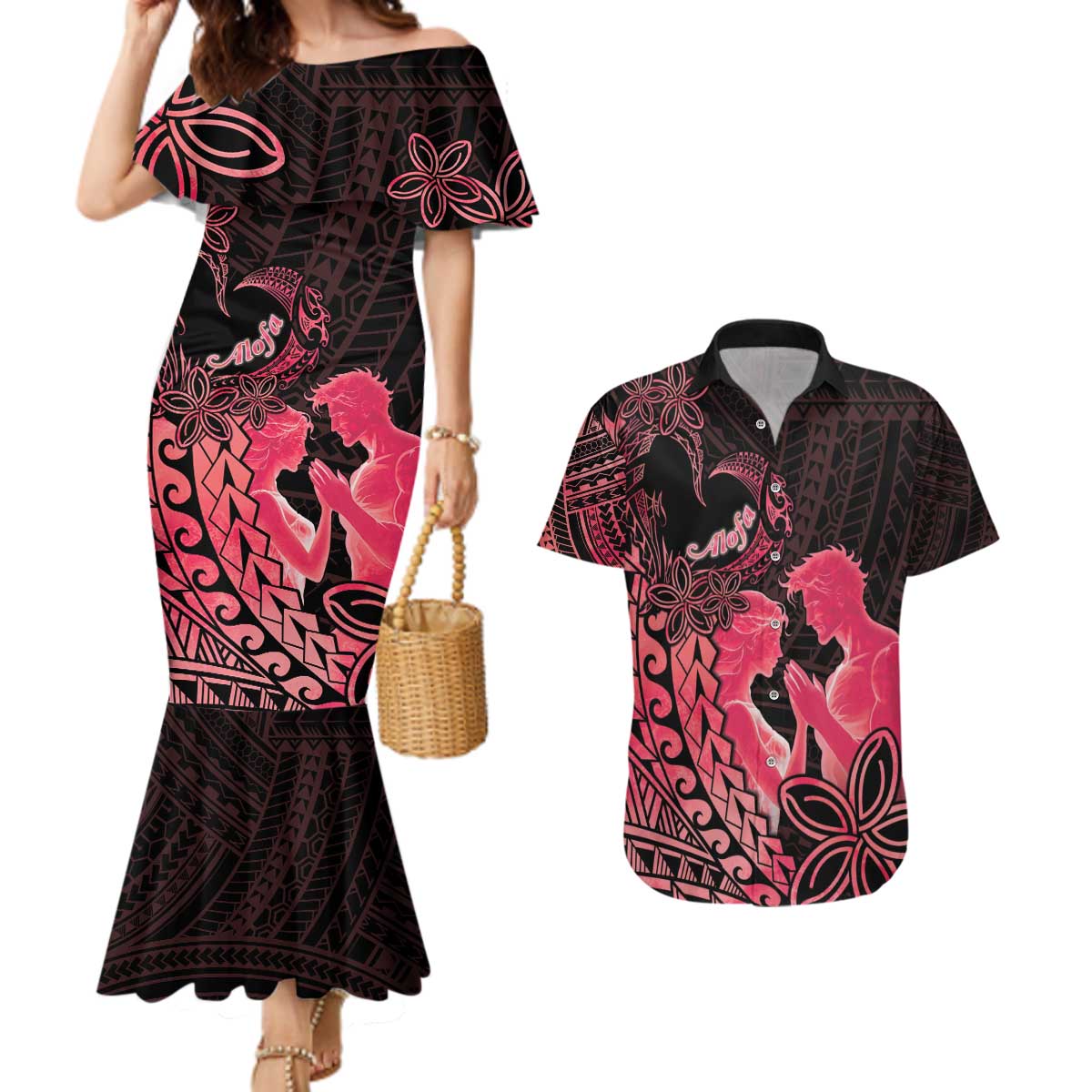 Alofa Samoa Valentine Red Couples Matching Mermaid Dress and Hawaiian Shirt Love Is The Greatest Thing LT05 Red - Polynesian Pride