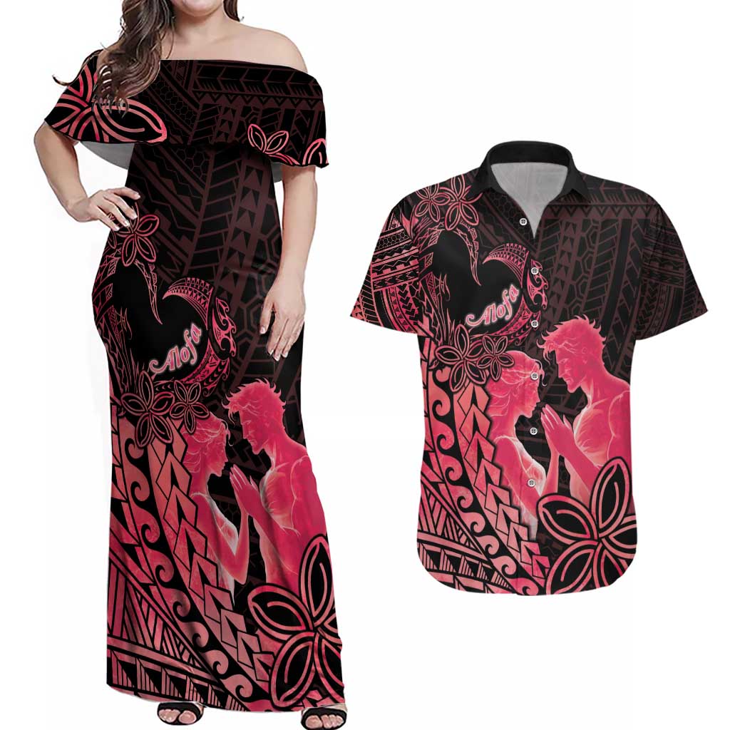 Alofa Samoa Valentine Red Couples Matching Off Shoulder Maxi Dress and Hawaiian Shirt Love Is The Greatest Thing LT05 Red - Polynesian Pride