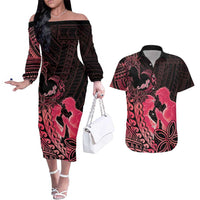 Alofa Samoa Valentine Red Couples Matching Off The Shoulder Long Sleeve Dress and Hawaiian Shirt Love Is The Greatest Thing LT05 Red - Polynesian Pride