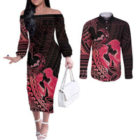 Alofa Samoa Valentine Red Couples Matching Off The Shoulder Long Sleeve Dress and Long Sleeve Button Shirt Love Is The Greatest Thing LT05 Red - Polynesian Pride