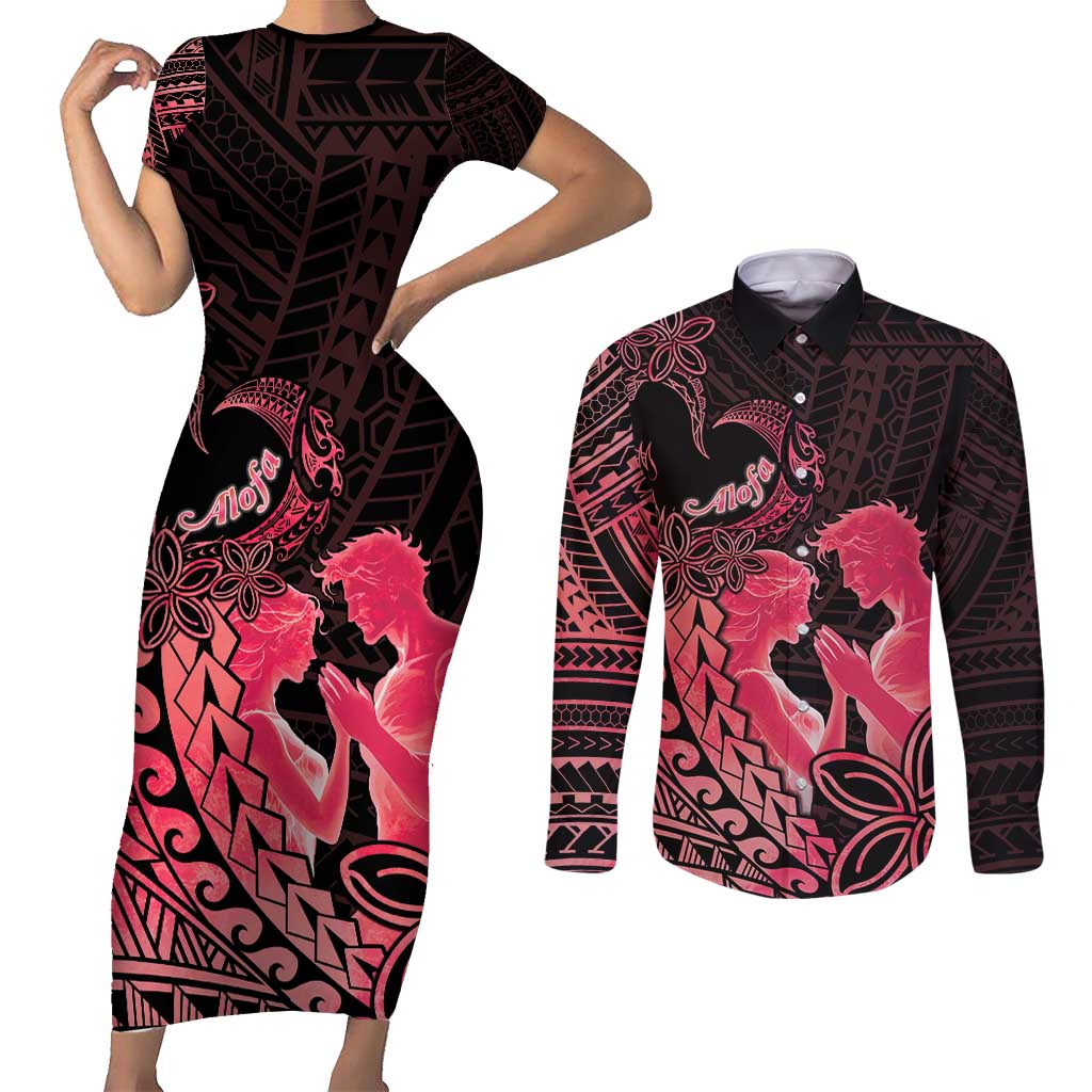 Alofa Samoa Valentine Red Couples Matching Short Sleeve Bodycon Dress and Long Sleeve Button Shirt Love Is The Greatest Thing LT05 Red - Polynesian Pride