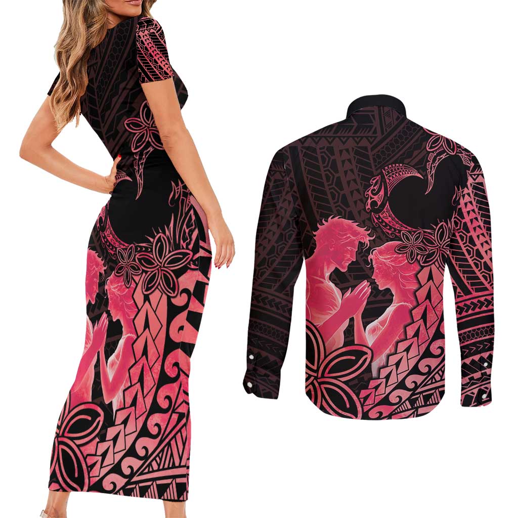 Alofa Samoa Valentine Red Couples Matching Short Sleeve Bodycon Dress and Long Sleeve Button Shirt Love Is The Greatest Thing LT05 - Polynesian Pride