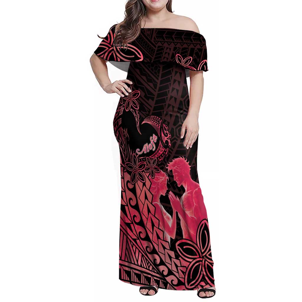 Alofa Samoa Valentine Red Family Matching Off Shoulder Maxi Dress and Hawaiian Shirt Love Is The Greatest Thing LT05 Mom's Dress Red - Polynesian Pride