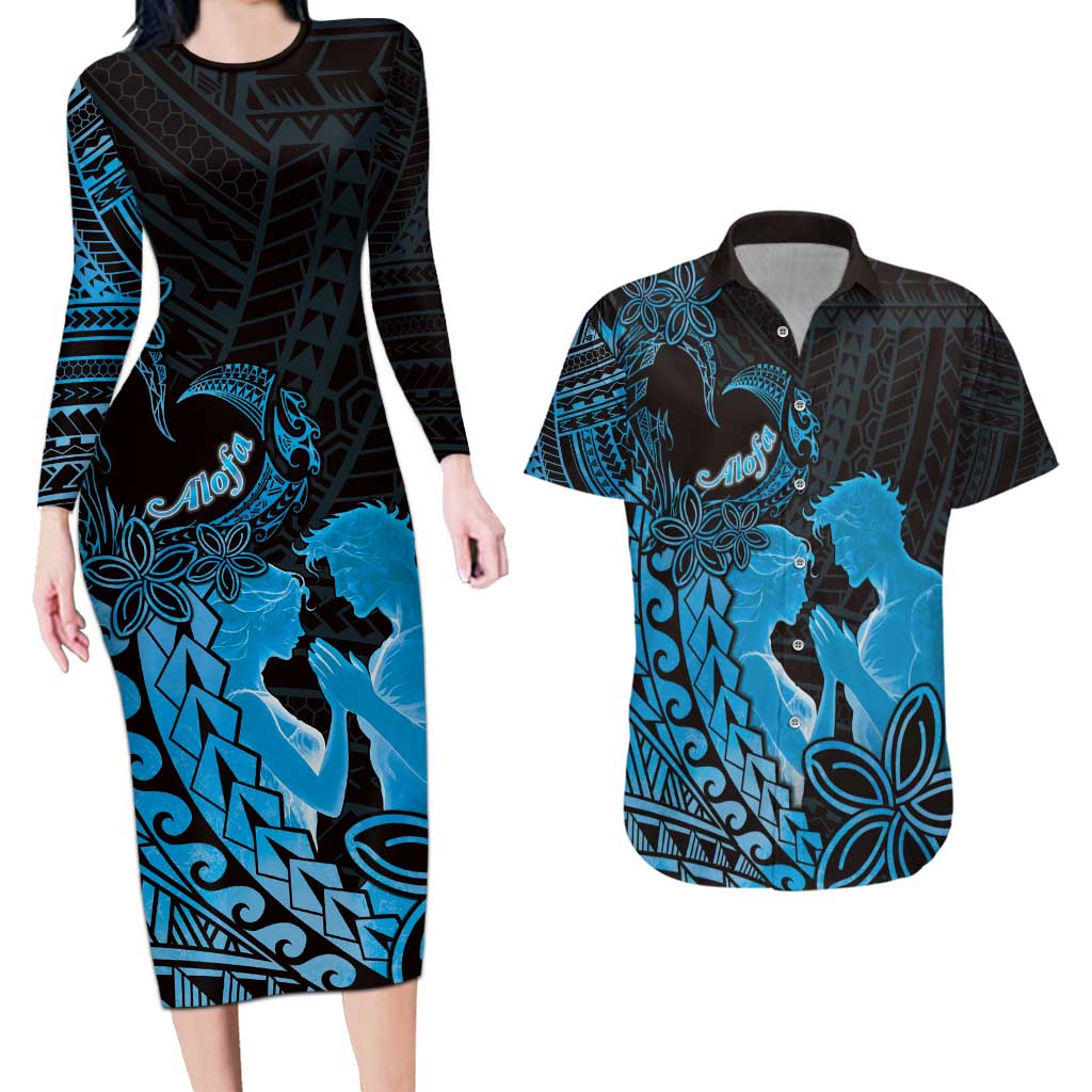 Alofa Samoa Valentine Blue Couples Matching Long Sleeve Bodycon Dress and Hawaiian Shirt Love Is The Greatest Thing LT05 Blue - Polynesian Pride