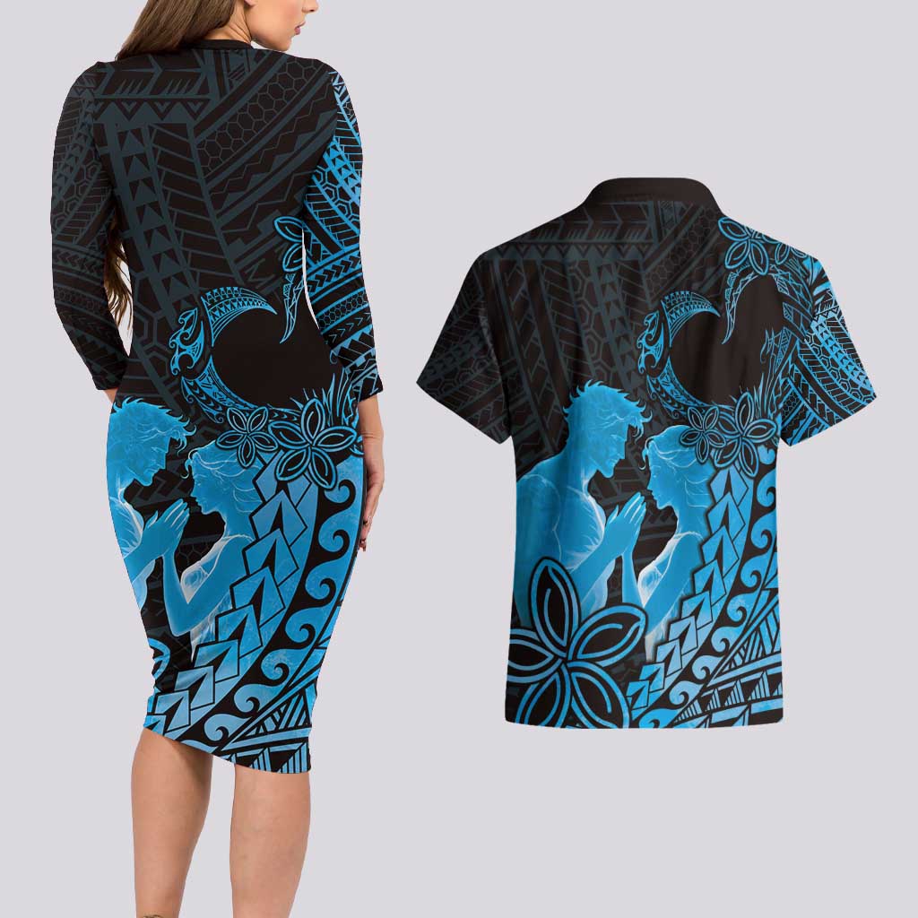 Alofa Samoa Valentine Blue Couples Matching Long Sleeve Bodycon Dress and Hawaiian Shirt Love Is The Greatest Thing LT05 - Polynesian Pride