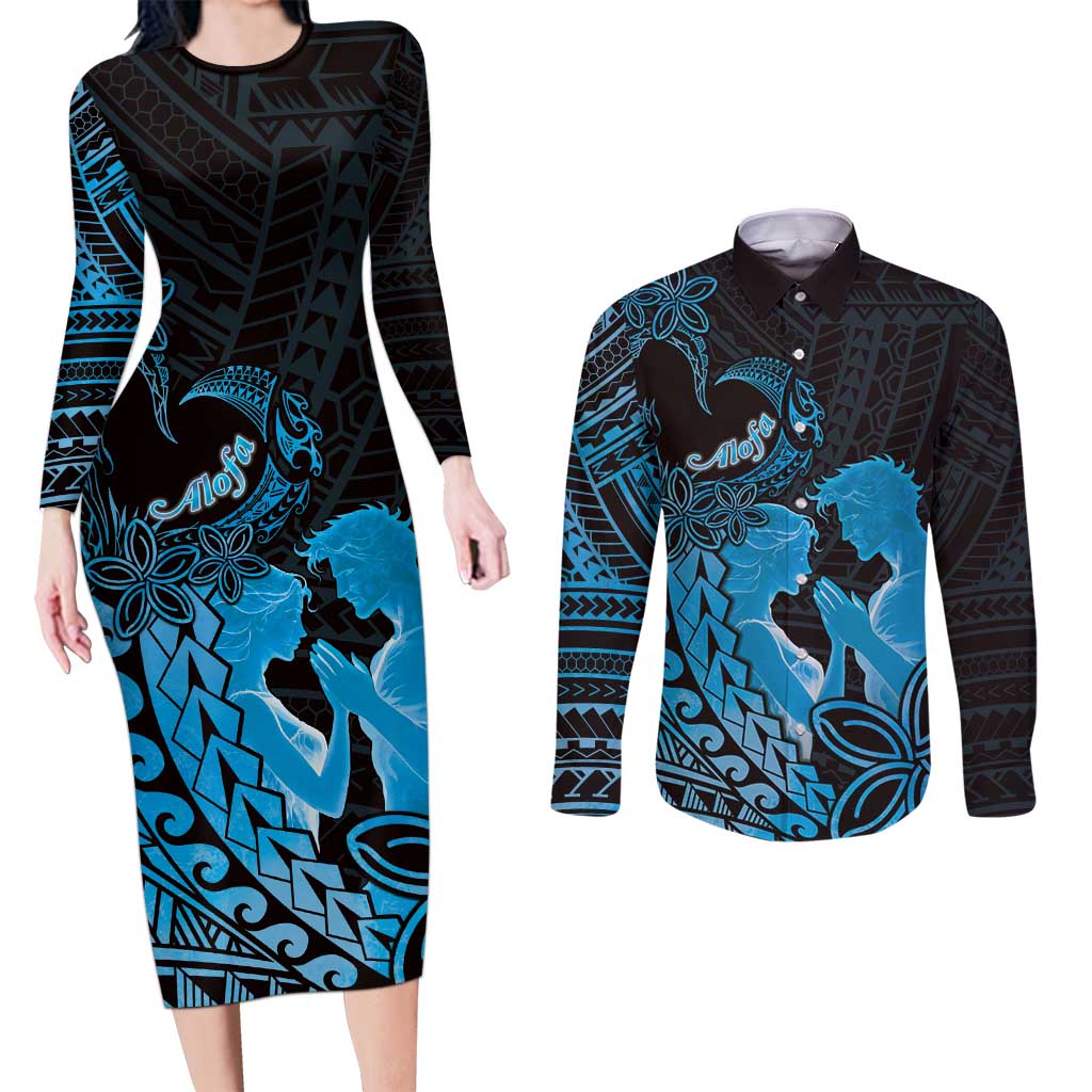 Alofa Samoa Valentine Blue Couples Matching Long Sleeve Bodycon Dress and Long Sleeve Button Shirt Love Is The Greatest Thing LT05 Blue - Polynesian Pride