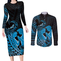 Alofa Samoa Valentine Blue Couples Matching Long Sleeve Bodycon Dress and Long Sleeve Button Shirt Love Is The Greatest Thing LT05 Blue - Polynesian Pride