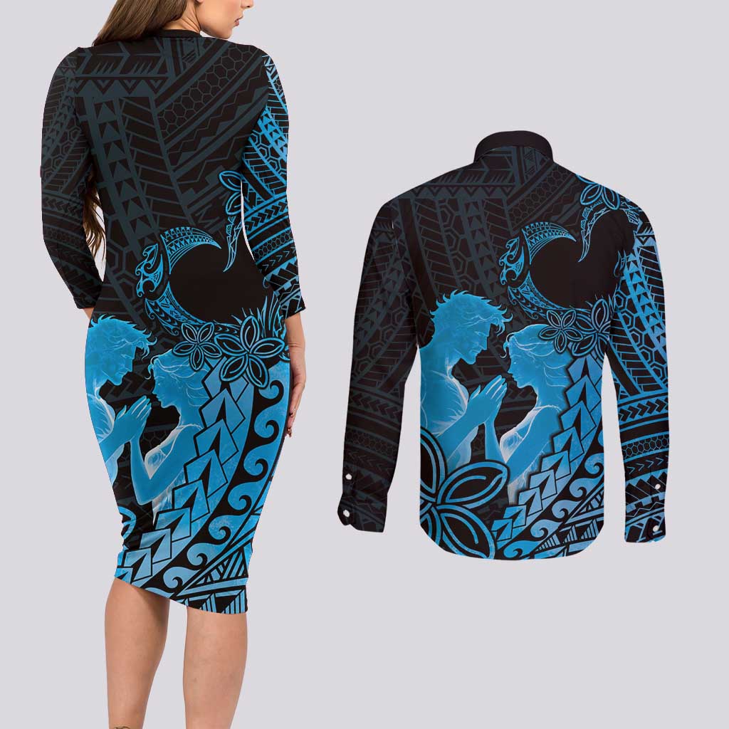 Alofa Samoa Valentine Blue Couples Matching Long Sleeve Bodycon Dress and Long Sleeve Button Shirt Love Is The Greatest Thing LT05 - Polynesian Pride