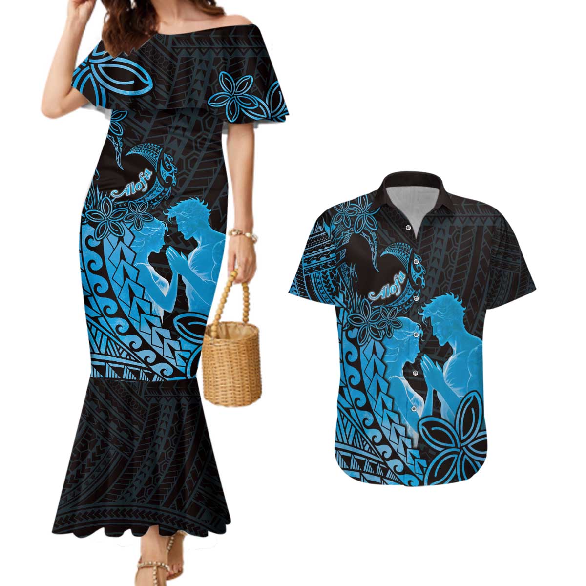 Alofa Samoa Valentine Blue Couples Matching Mermaid Dress and Hawaiian Shirt Love Is The Greatest Thing LT05 Blue - Polynesian Pride
