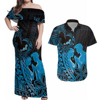 Alofa Samoa Valentine Blue Couples Matching Off Shoulder Maxi Dress and Hawaiian Shirt Love Is The Greatest Thing LT05 Blue - Polynesian Pride