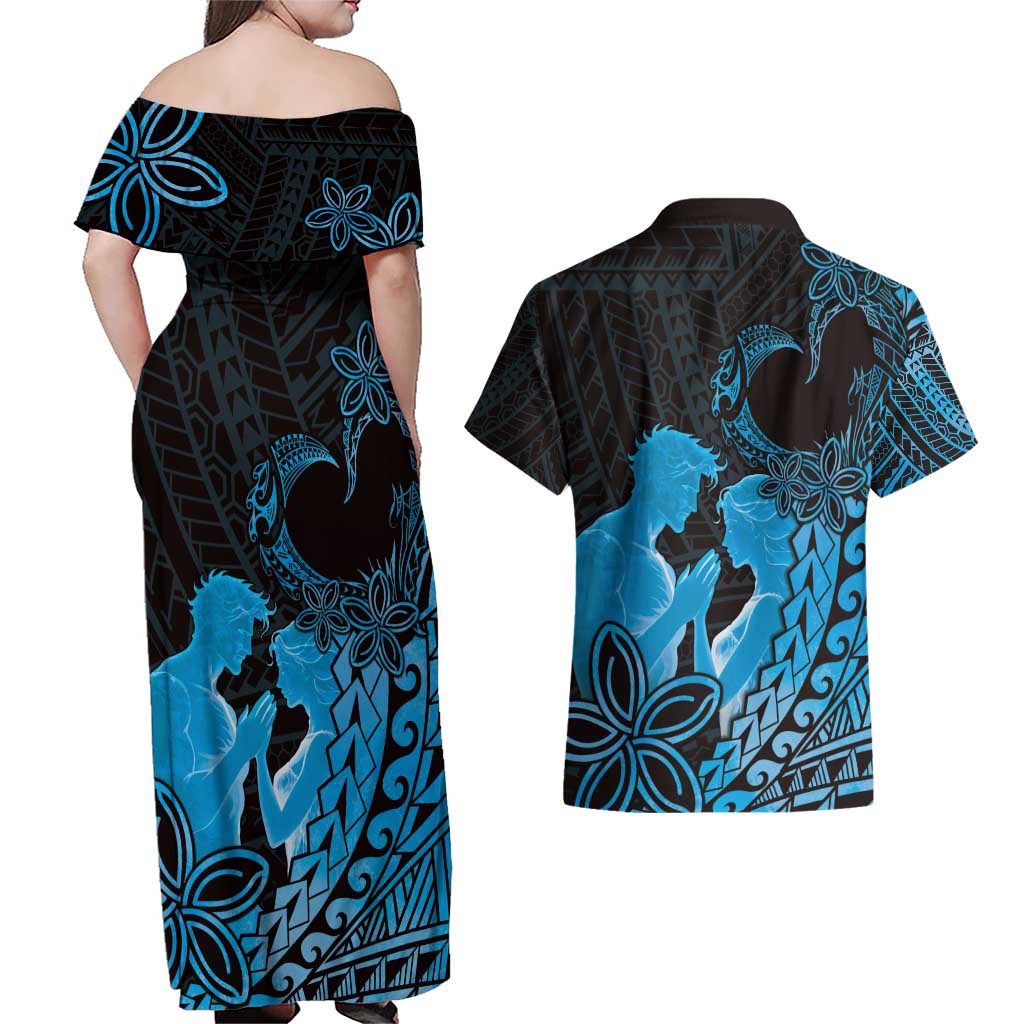 Alofa Samoa Valentine Blue Couples Matching Off Shoulder Maxi Dress and Hawaiian Shirt Love Is The Greatest Thing LT05 - Polynesian Pride