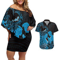 Alofa Samoa Valentine Blue Couples Matching Off Shoulder Short Dress and Hawaiian Shirt Love Is The Greatest Thing LT05 Blue - Polynesian Pride