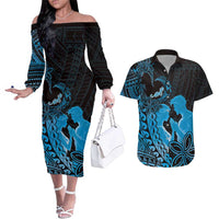 Alofa Samoa Valentine Blue Couples Matching Off The Shoulder Long Sleeve Dress and Hawaiian Shirt Love Is The Greatest Thing LT05 Blue - Polynesian Pride