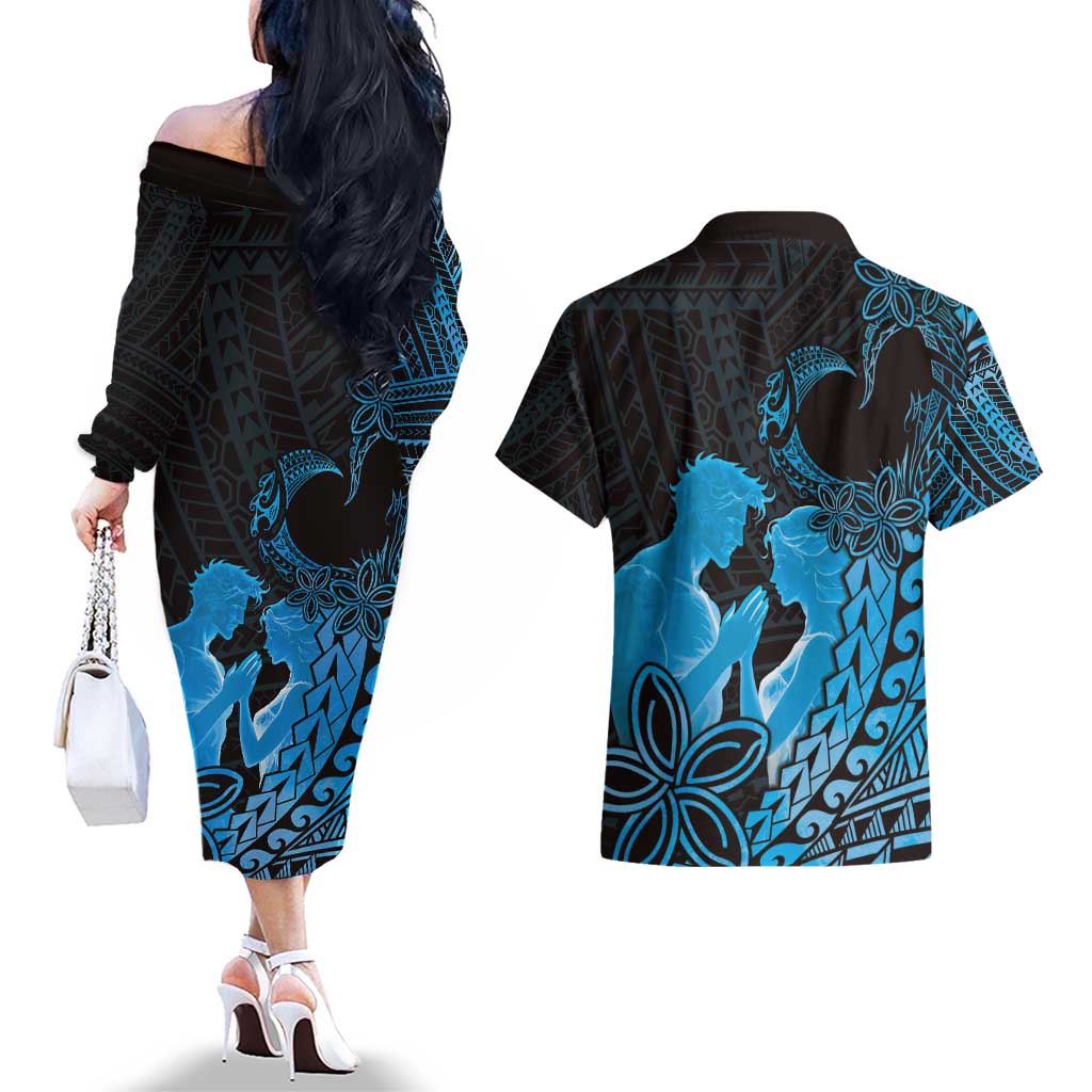 Alofa Samoa Valentine Blue Couples Matching Off The Shoulder Long Sleeve Dress and Hawaiian Shirt Love Is The Greatest Thing LT05 - Polynesian Pride