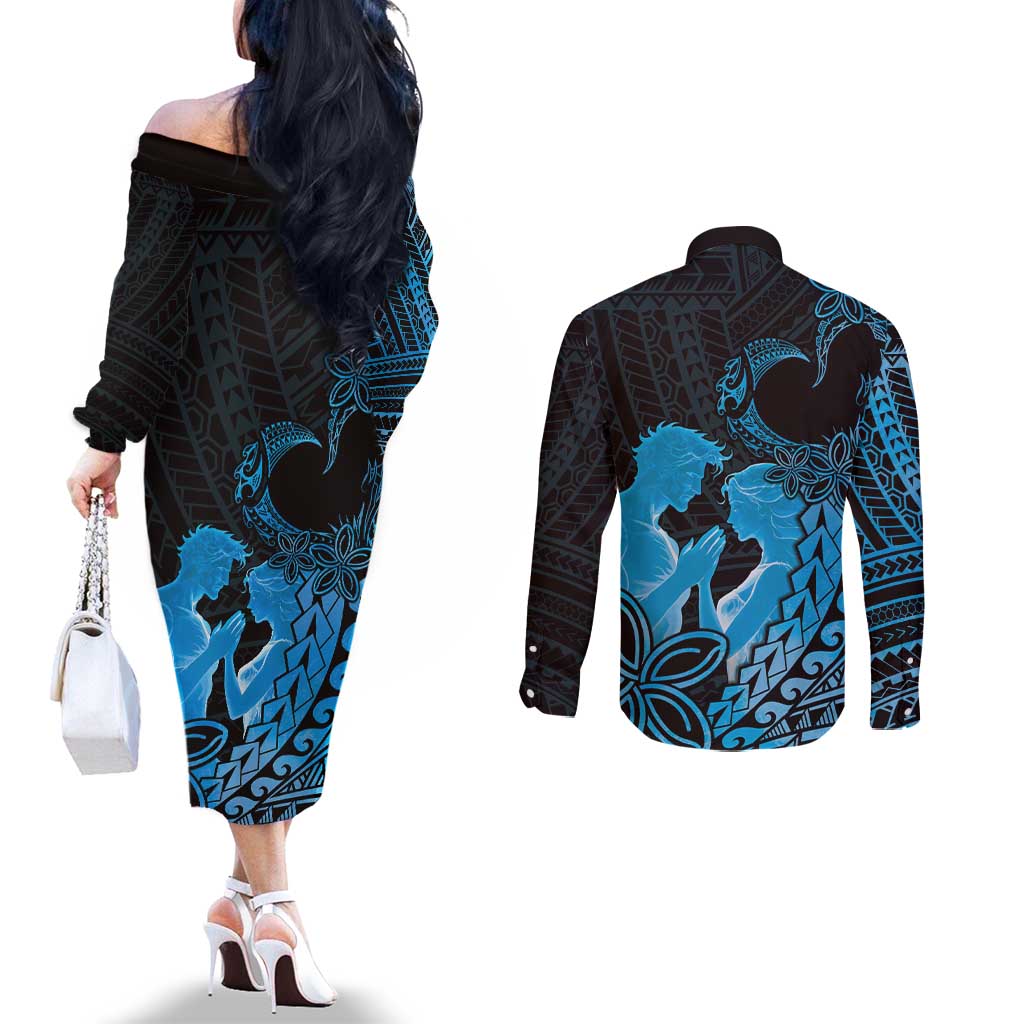 Alofa Samoa Valentine Blue Couples Matching Off The Shoulder Long Sleeve Dress and Long Sleeve Button Shirt Love Is The Greatest Thing LT05 - Polynesian Pride