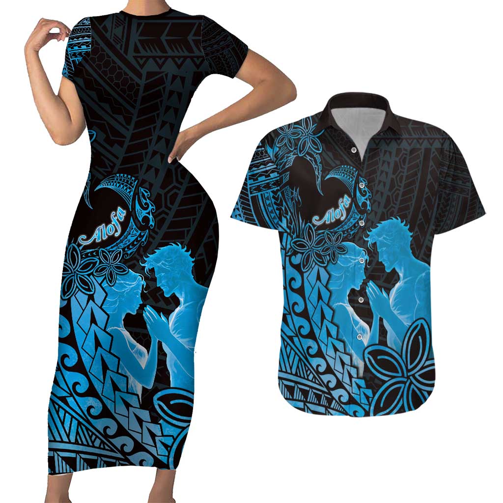Alofa Samoa Valentine Blue Couples Matching Short Sleeve Bodycon Dress and Hawaiian Shirt Love Is The Greatest Thing LT05 Blue - Polynesian Pride