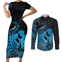 Alofa Samoa Valentine Blue Couples Matching Short Sleeve Bodycon Dress and Long Sleeve Button Shirt Love Is The Greatest Thing LT05 Blue - Polynesian Pride