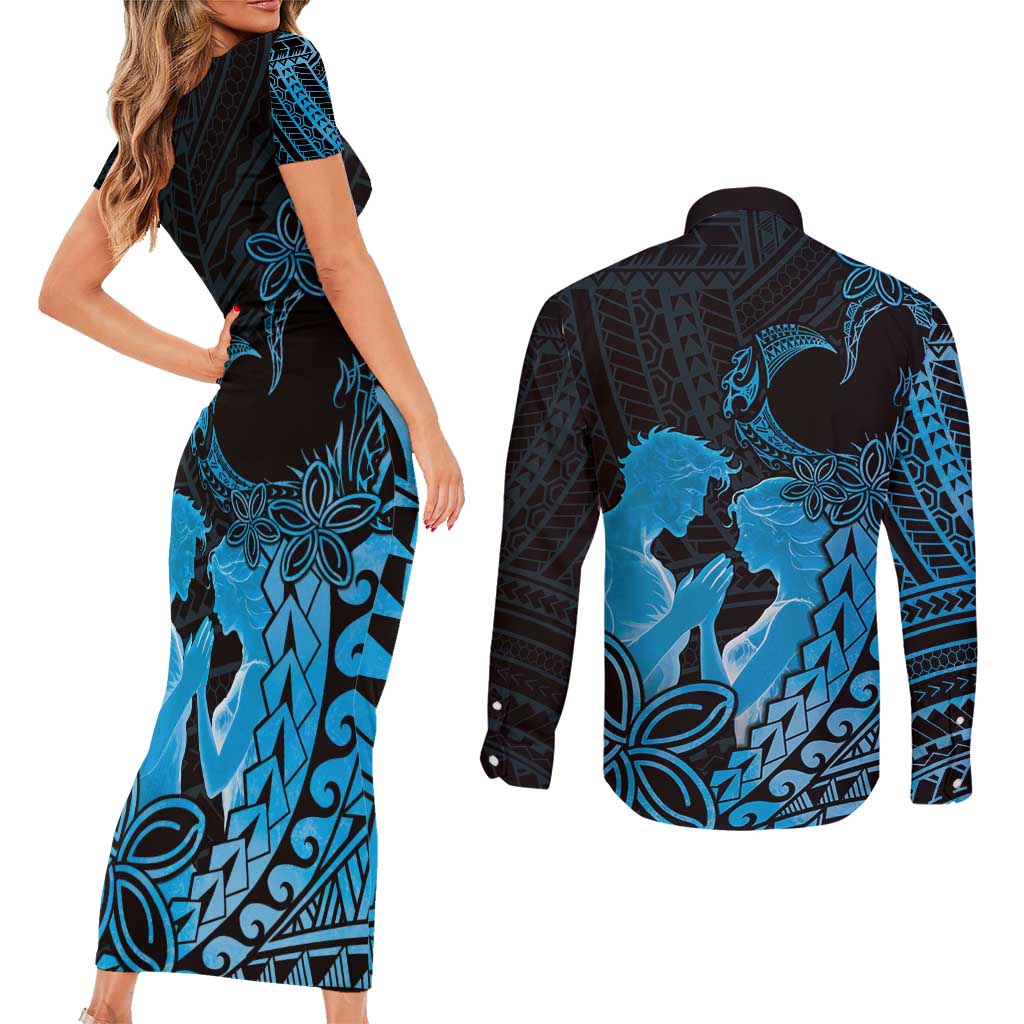Alofa Samoa Valentine Blue Couples Matching Short Sleeve Bodycon Dress and Long Sleeve Button Shirt Love Is The Greatest Thing LT05 - Polynesian Pride