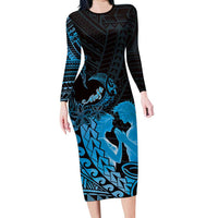 Alofa Samoa Valentine Blue Family Matching Long Sleeve Bodycon Dress and Hawaiian Shirt Love Is The Greatest Thing LT05 Mom's Dress Blue - Polynesian Pride