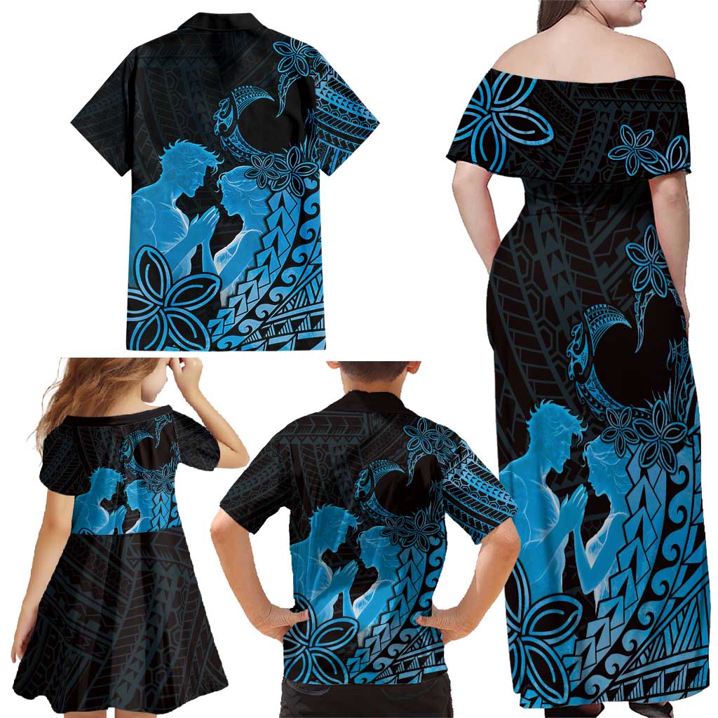 Alofa Samoa Valentine Blue Family Matching Off Shoulder Maxi Dress and Hawaiian Shirt Love Is The Greatest Thing LT05 - Polynesian Pride