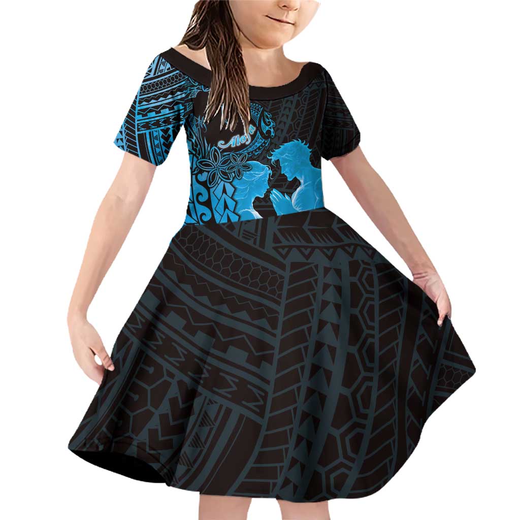 Alofa Samoa Valentine Blue Family Matching Off Shoulder Short Dress and Hawaiian Shirt Love Is The Greatest Thing LT05 Daughter's Dress Blue - Polynesian Pride