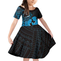 Alofa Samoa Valentine Blue Family Matching Off Shoulder Short Dress and Hawaiian Shirt Love Is The Greatest Thing LT05 Daughter's Dress Blue - Polynesian Pride