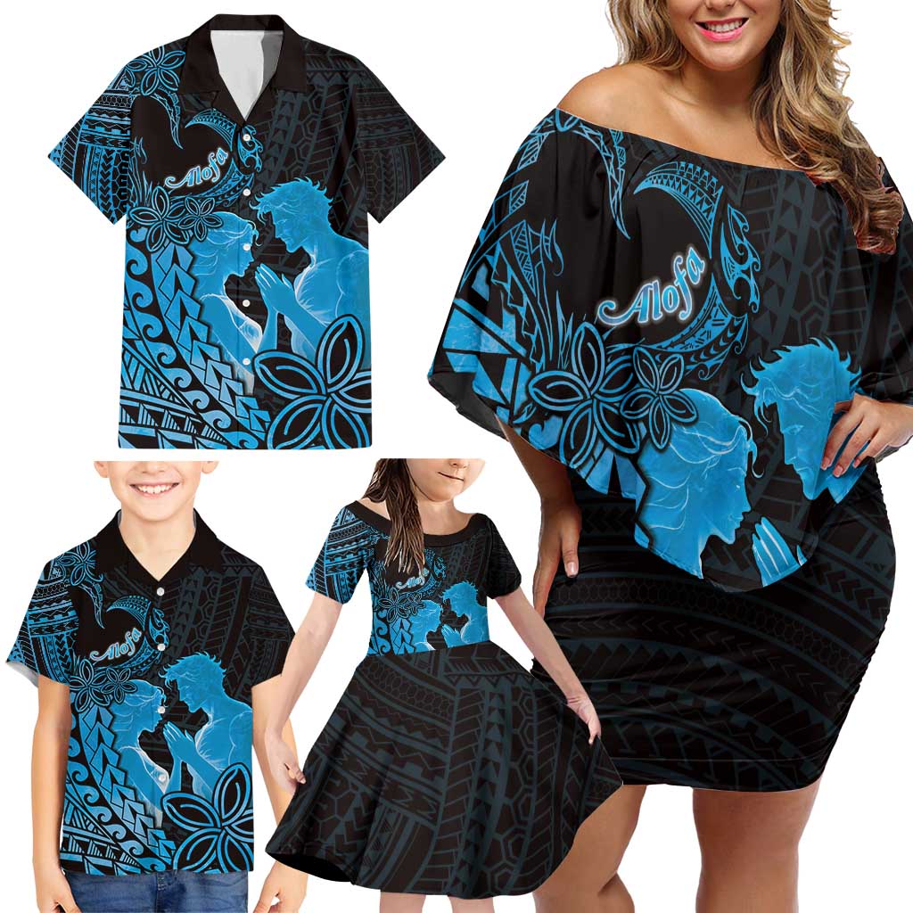 Alofa Samoa Valentine Blue Family Matching Off Shoulder Short Dress and Hawaiian Shirt Love Is The Greatest Thing LT05 - Polynesian Pride