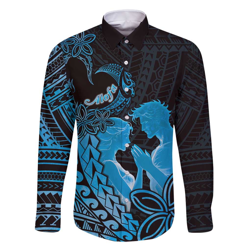 Alofa Samoa Valentine Blue Family Matching Summer Maxi Dress and Hawaiian Shirt Love Is The Greatest Thing LT05 Dad's Shirt - Long Sleeve Blue - Polynesian Pride