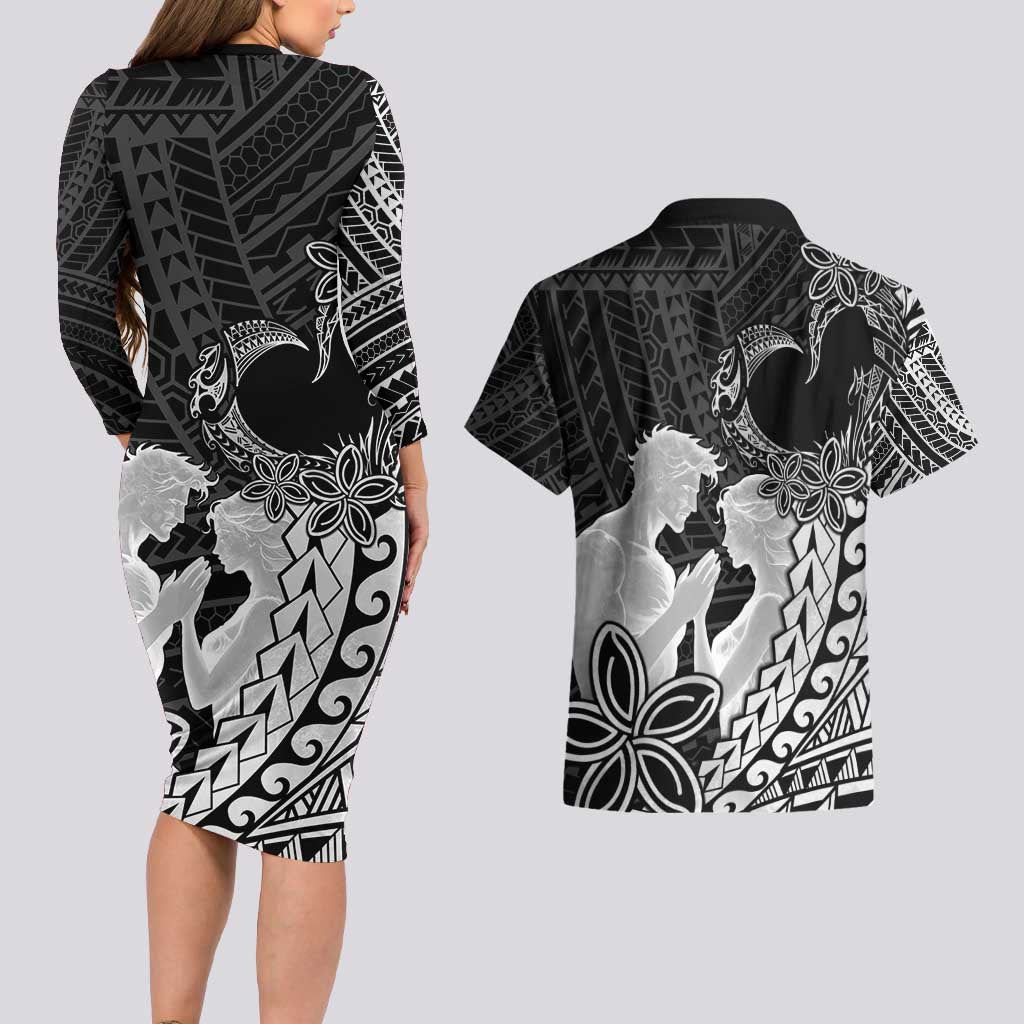 Alofa Samoa Valentine Black Couples Matching Long Sleeve Bodycon Dress and Hawaiian Shirt Love Is The Greatest Thing LT05 - Polynesian Pride