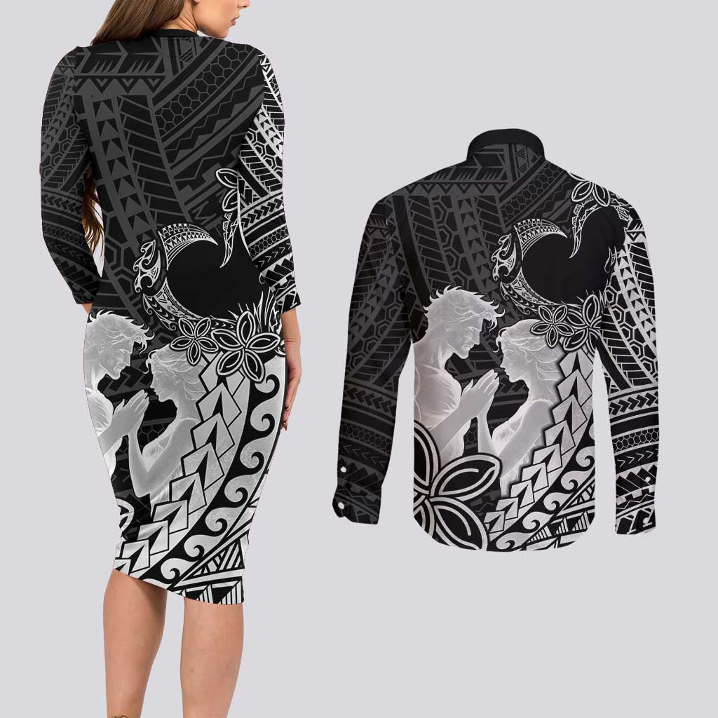 Alofa Samoa Valentine Black Couples Matching Long Sleeve Bodycon Dress and Long Sleeve Button Shirt Love Is The Greatest Thing LT05 - Polynesian Pride
