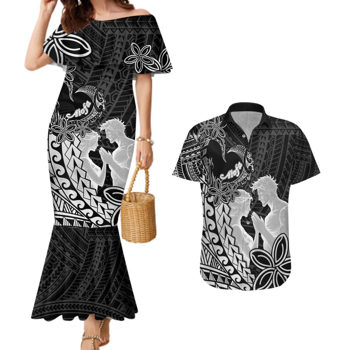 Alofa Samoa Valentine Black Couples Matching Mermaid Dress and Hawaiian Shirt Love Is The Greatest Thing LT05 Black - Polynesian Pride