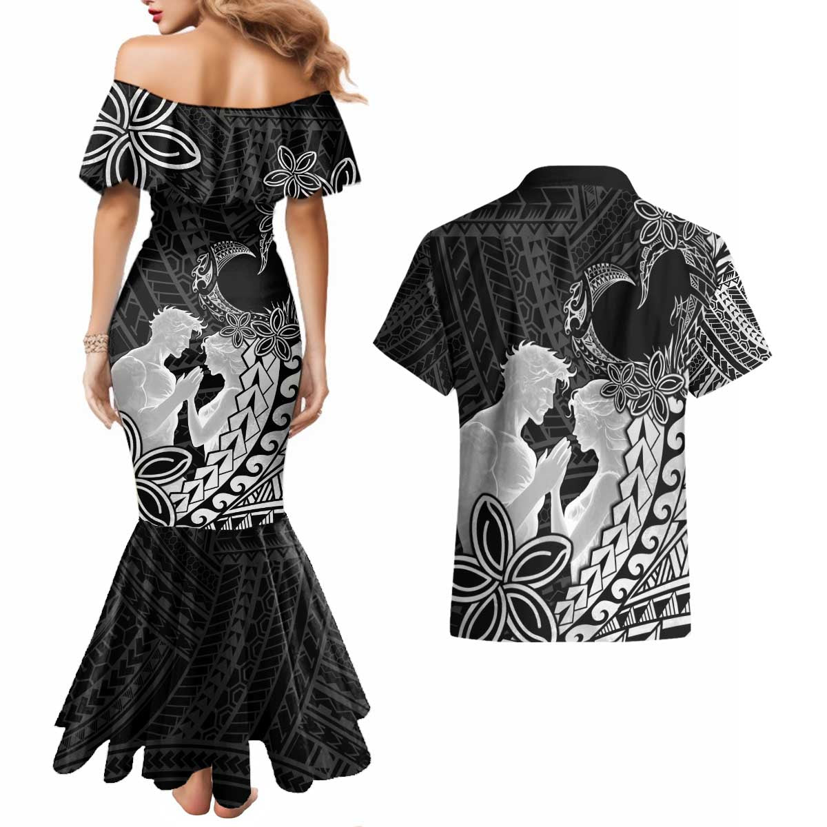 Alofa Samoa Valentine Black Couples Matching Mermaid Dress and Hawaiian Shirt Love Is The Greatest Thing LT05 - Polynesian Pride
