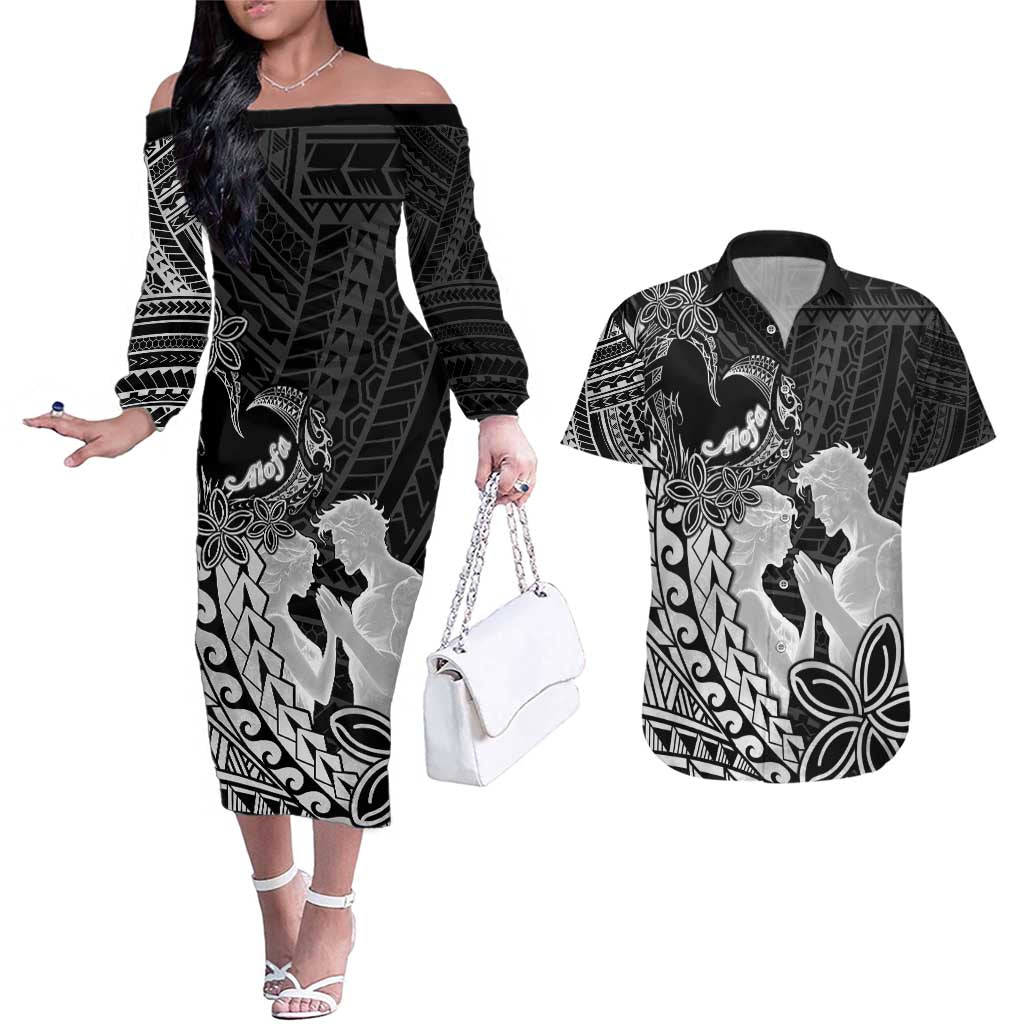 Alofa Samoa Valentine Black Couples Matching Off The Shoulder Long Sleeve Dress and Hawaiian Shirt Love Is The Greatest Thing LT05 Black - Polynesian Pride