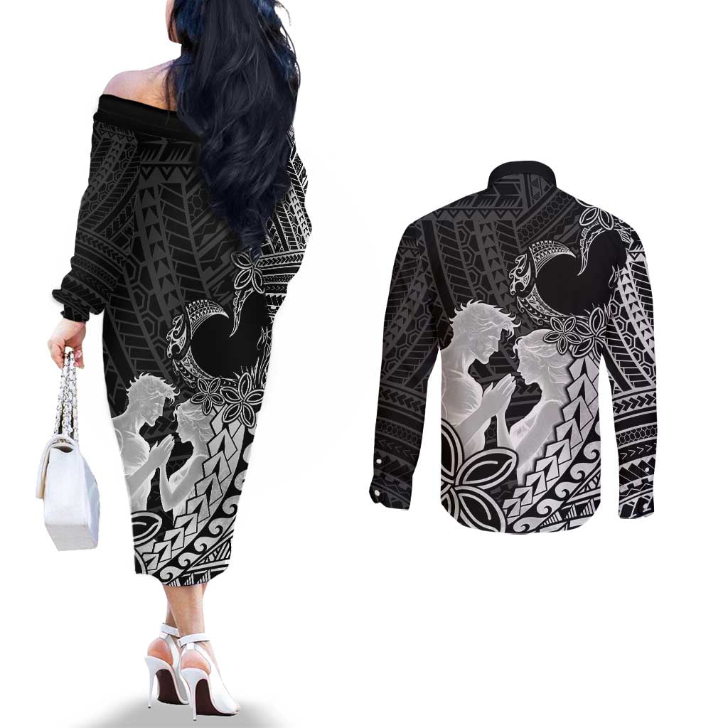 Alofa Samoa Valentine Black Couples Matching Off The Shoulder Long Sleeve Dress and Long Sleeve Button Shirt Love Is The Greatest Thing LT05 - Polynesian Pride