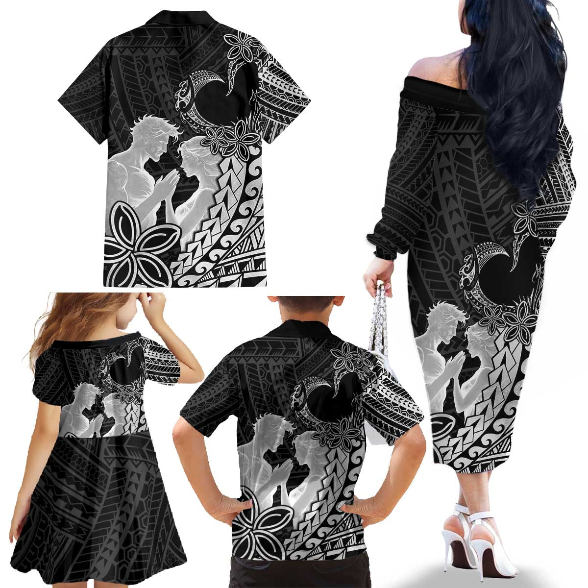 Alofa Samoa Valentine Black Family Matching Off The Shoulder Long Sleeve Dress and Hawaiian Shirt Love Is The Greatest Thing LT05 - Polynesian Pride