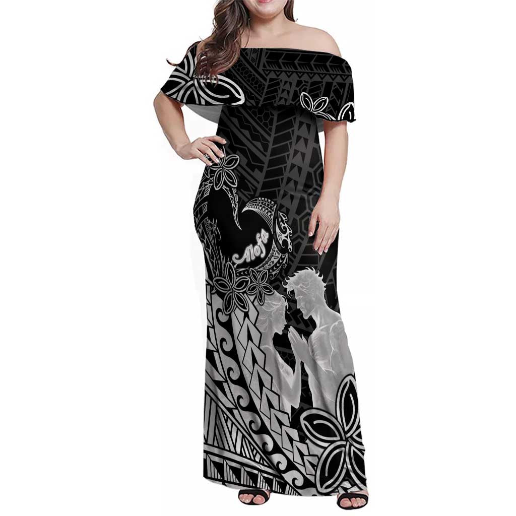 Alofa Samoa Valentine Black Family Matching Off Shoulder Maxi Dress and Hawaiian Shirt Love Is The Greatest Thing LT05 Mom's Dress Black - Polynesian Pride