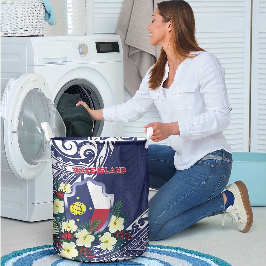 Wake Island Laundry Basket Tribal Pattern With Hibiscus Flowers