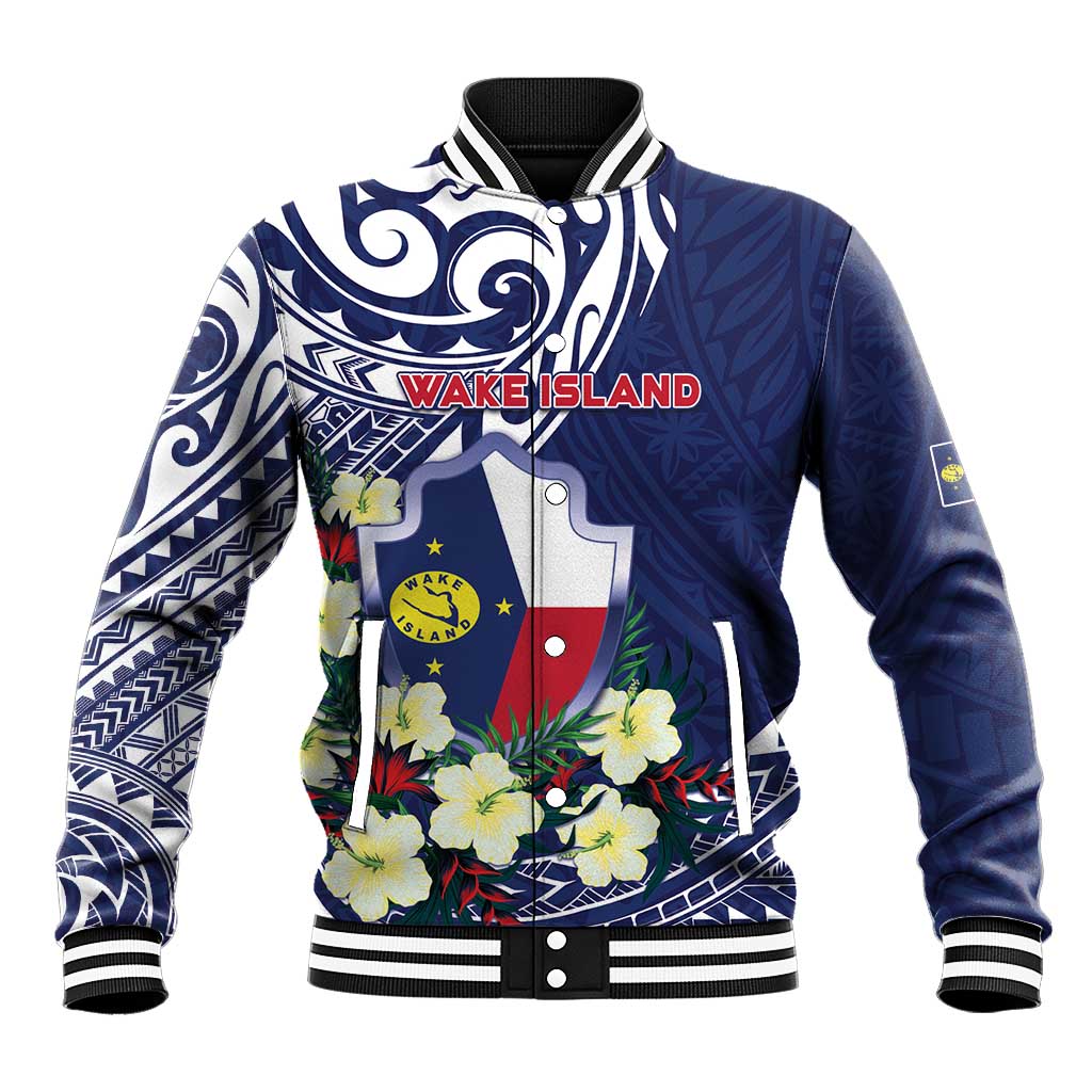 Personalised Wake Island Baseball Jacket Tribal Pattern With Hibiscus Flowers