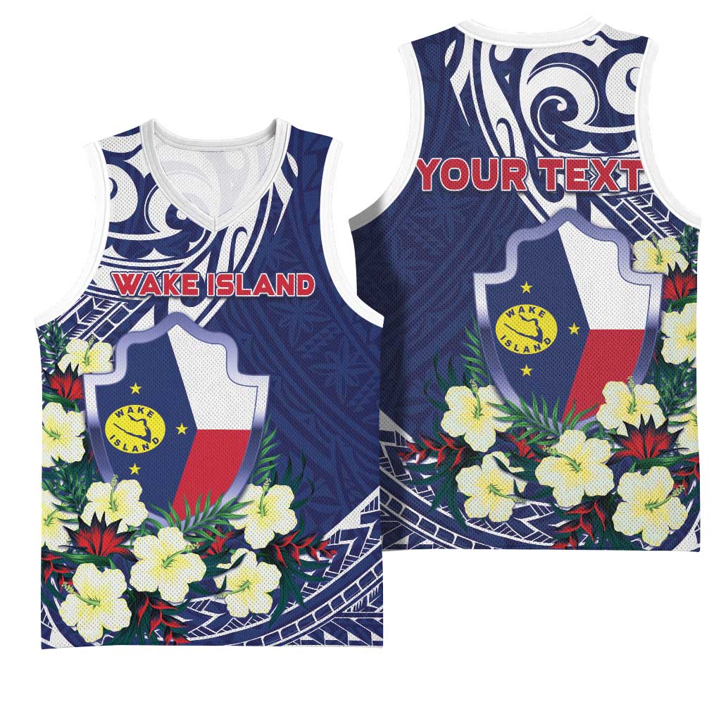 Personalised Wake Island Basketball Jersey Tribal Pattern With Hibiscus Flowers LT05 - Polynesian Pride