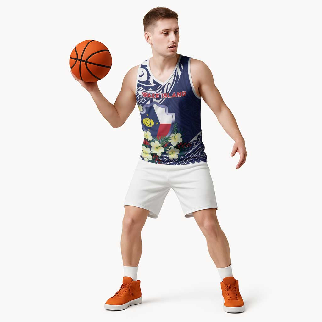 Personalised Wake Island Basketball Jersey Tribal Pattern With Hibiscus Flowers LT05 - Polynesian Pride