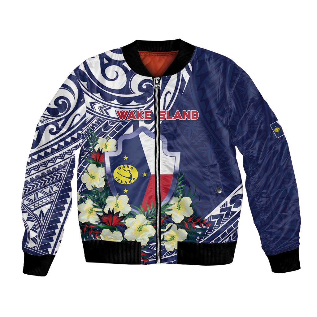 Personalised Wake Island Bomber Jacket Tribal Pattern With Hibiscus Flowers