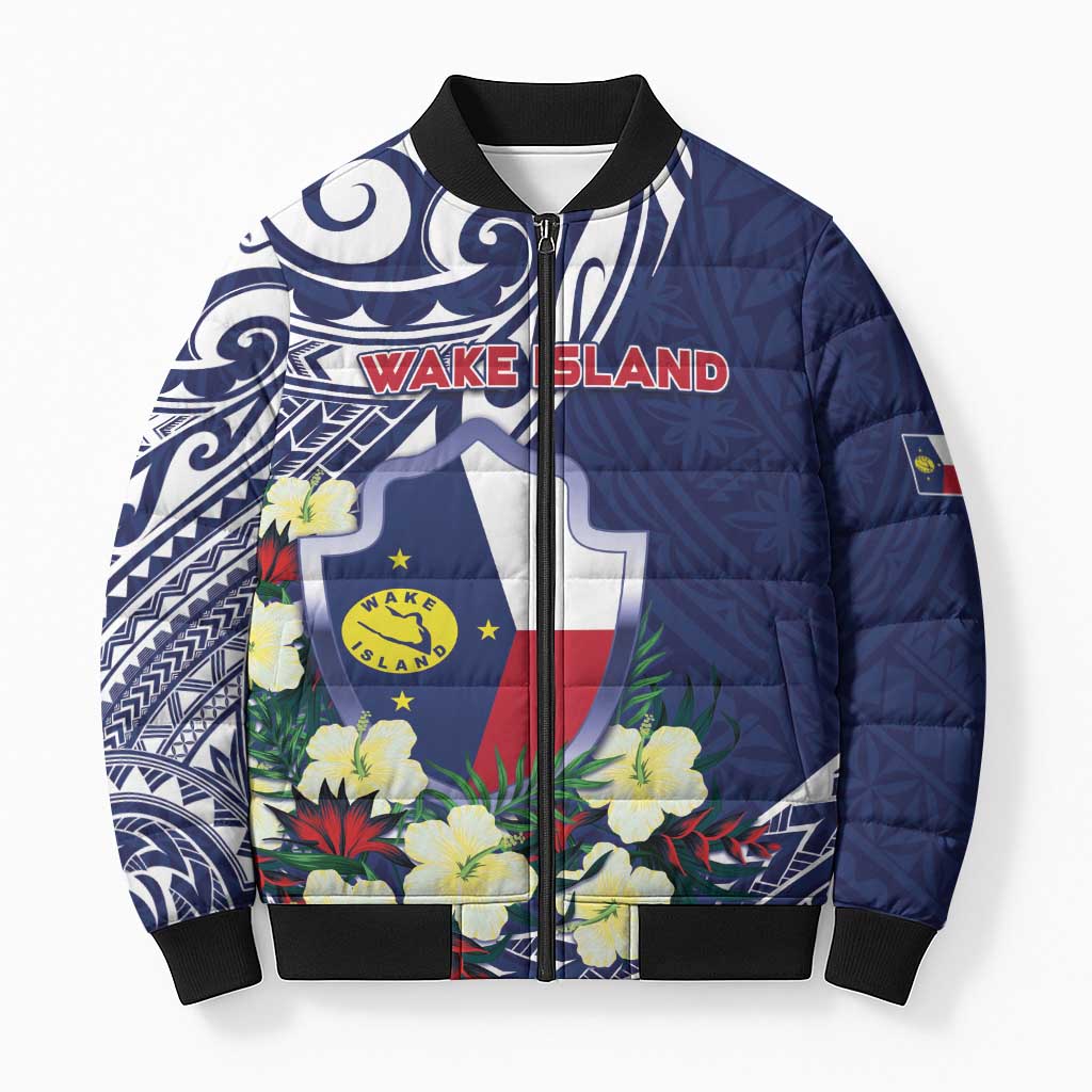 Personalised Wake Island Bomber Puffer Jacket Tribal Pattern With Hibiscus Flowers