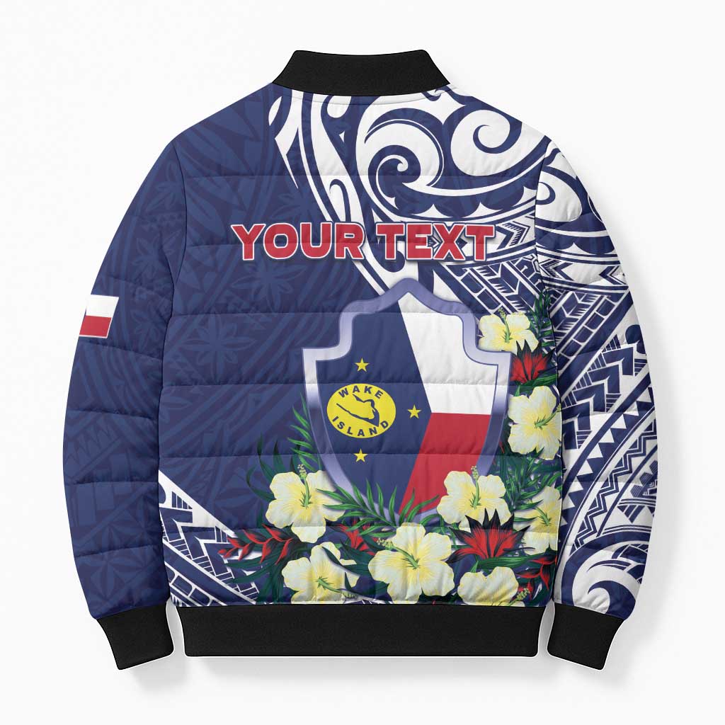 Personalised Wake Island Bomber Puffer Jacket Tribal Pattern With Hibiscus Flowers