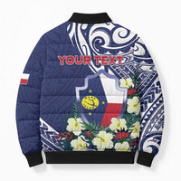 Personalised Wake Island Bomber Puffer Jacket Tribal Pattern With Hibiscus Flowers