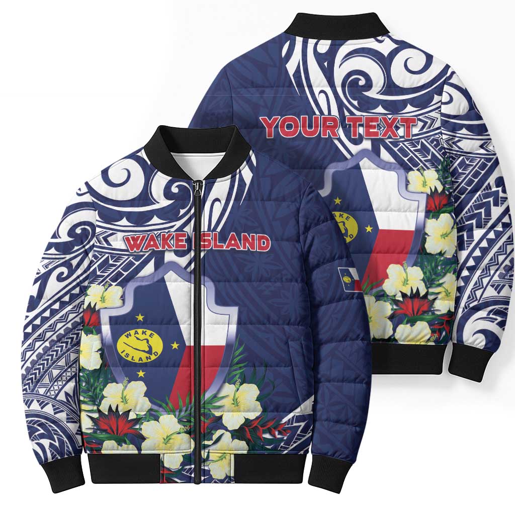 Personalised Wake Island Bomber Puffer Jacket Tribal Pattern With Hibiscus Flowers