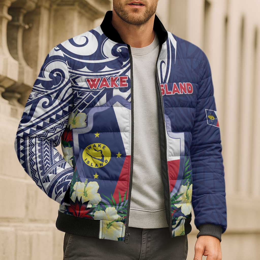 Personalised Wake Island Bomber Puffer Jacket Tribal Pattern With Hibiscus Flowers