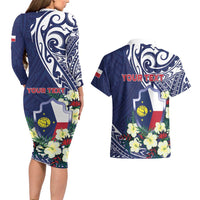 Personalised Wake Island Couples Matching Long Sleeve Bodycon Dress and Hawaiian Shirt Tribal Pattern With Hibiscus Flowers LT05 - Polynesian Pride
