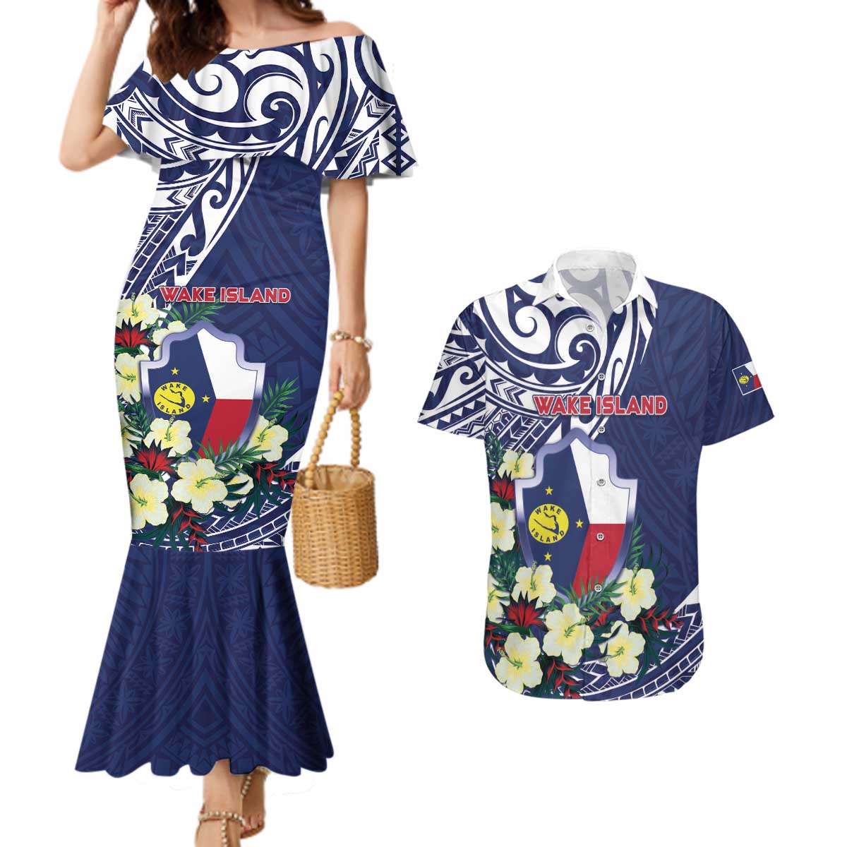 Personalised Wake Island Couples Matching Mermaid Dress and Hawaiian Shirt Tribal Pattern With Hibiscus Flowers