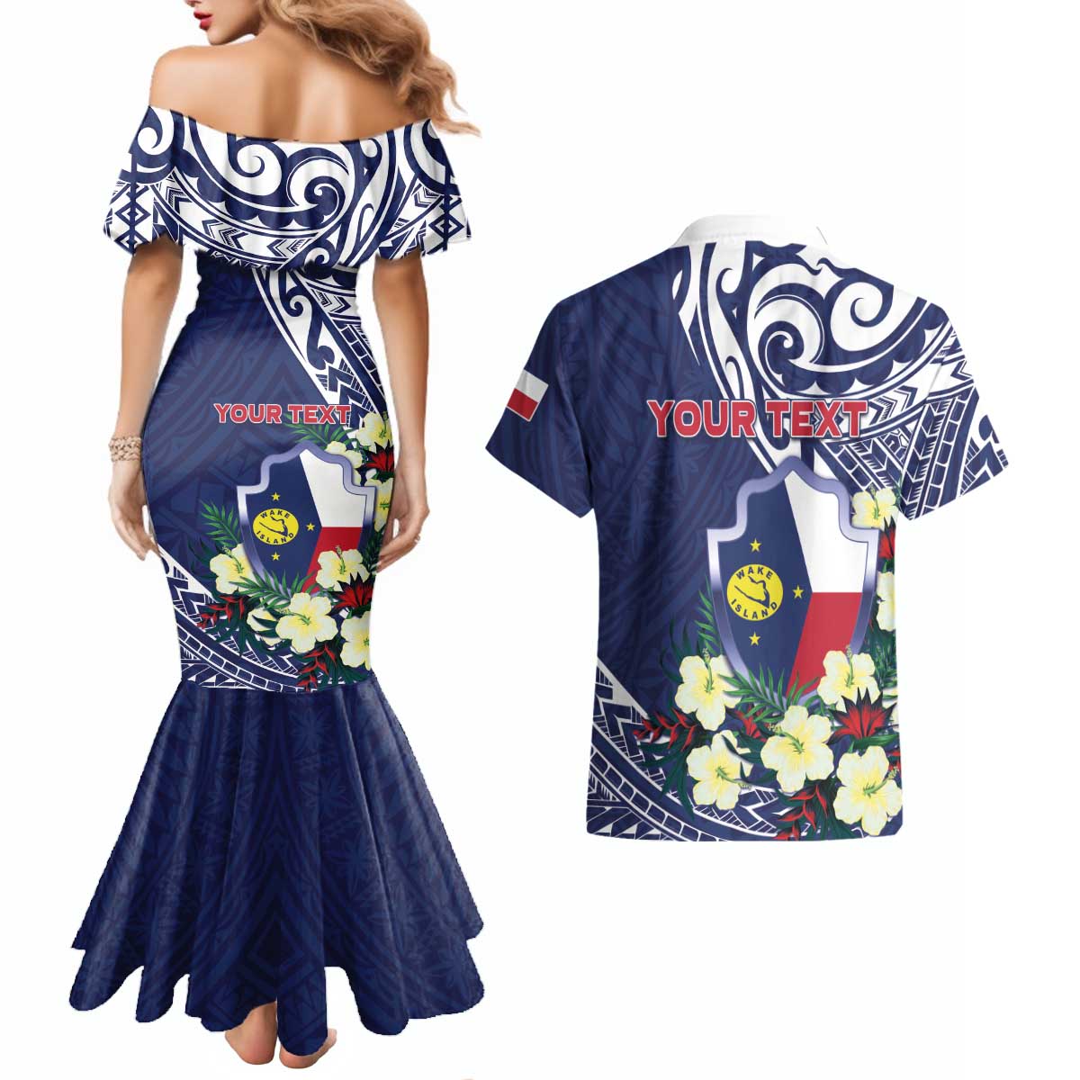 Personalised Wake Island Couples Matching Mermaid Dress and Hawaiian Shirt Tribal Pattern With Hibiscus Flowers LT05 - Polynesian Pride